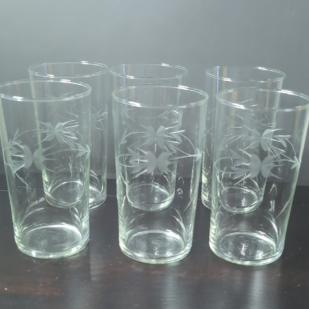 Set Of 6 Beautiful Vintage Crystal Etched Glass High Ball Glasses 5"